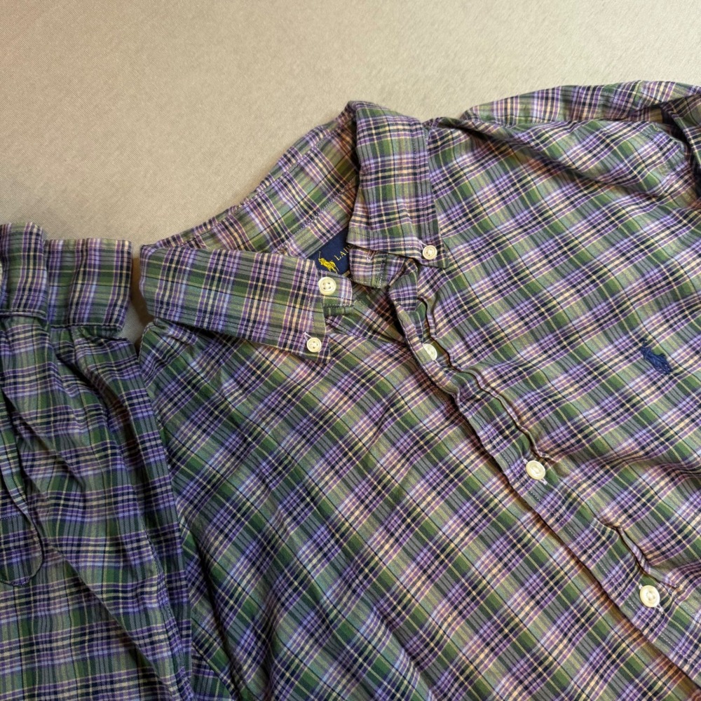 Polo Ralph Lauren Slim‎ Fit Plaid Shirt Mens Med Purple Green Long Sleeve Cotton